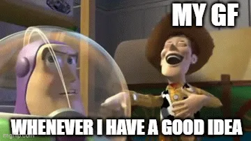 Six panels show Woody and Buzz Lightyear from Toy Story. Top three panels show Woody smiling and gesturing with text 'MY GF'…