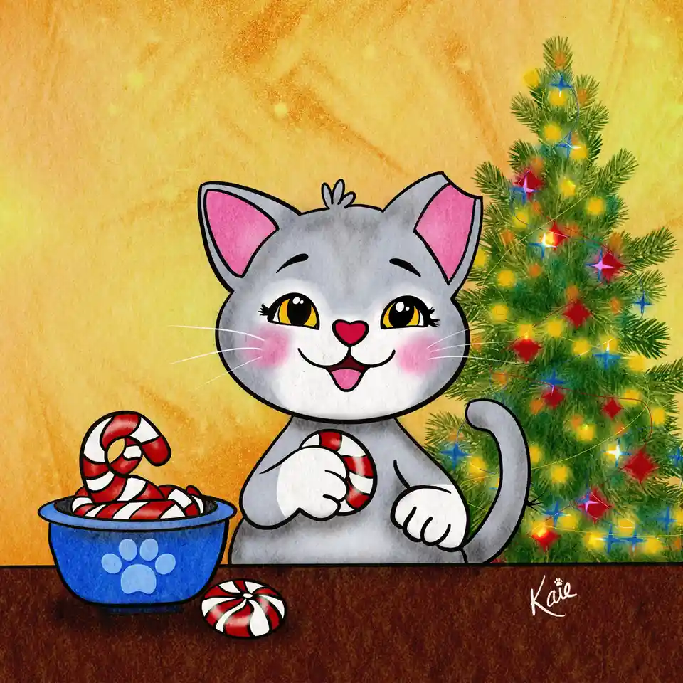 A cartoon gray cat with pink ears and cheeks sits happily in front of a decorated Christmas tree, holding a red-and-white…