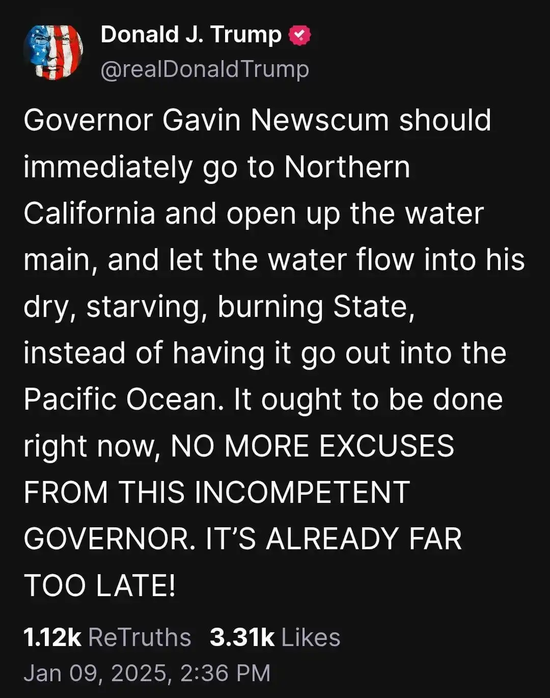 A screenshot of a tweet from Donald J. Trump's verified account, which reads: 'Governor Gavin Newscum should immediately go…