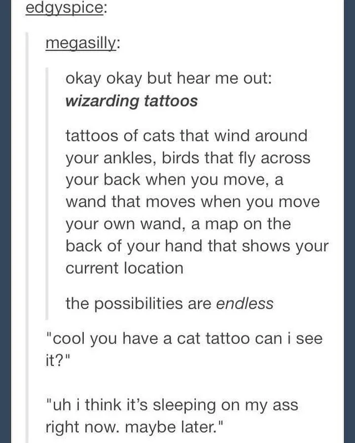A screenshot of a text conversation where one user, 'megasilly', proposes 'wizarding tattoos' with magical features like…