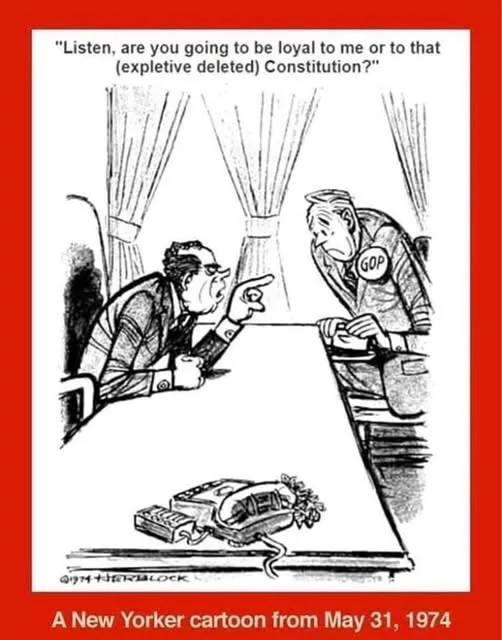 A black-and-white political cartoon shows a man in a suit pointing angrily at another man wearing a 'GOP' pin, who is seated…