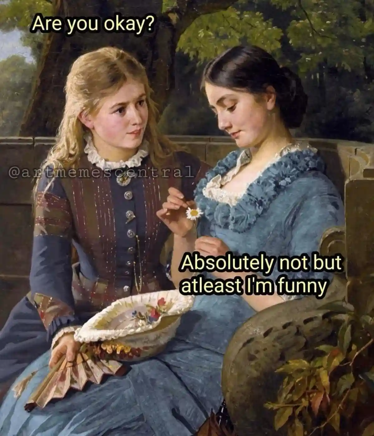 A vintage painting depicts two young women in period clothing sitting outdoors; one looks concerned while the other holds a…
