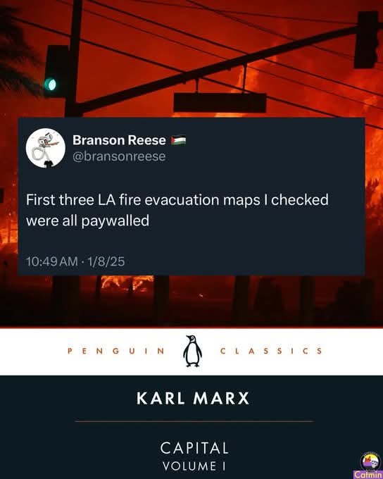 A screenshot of a tweet from Branson Reese showing a background of a fiery orange sky with traffic lights, overlaid with the…