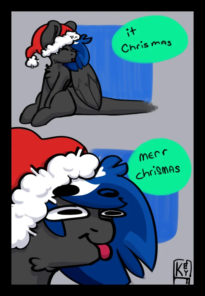 A two-panel cartoon depicts a dark grey, blue-haired anthropomorphic character wearing a Santa hat. In the top panel, the…