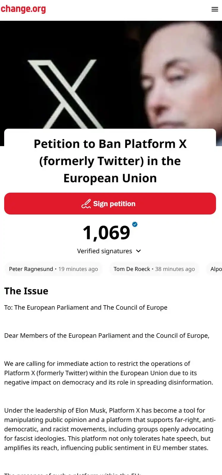 A screenshot of a change.org petition page calling for a ban on Platform X (formerly Twitter) in the EU, showing 1,069…