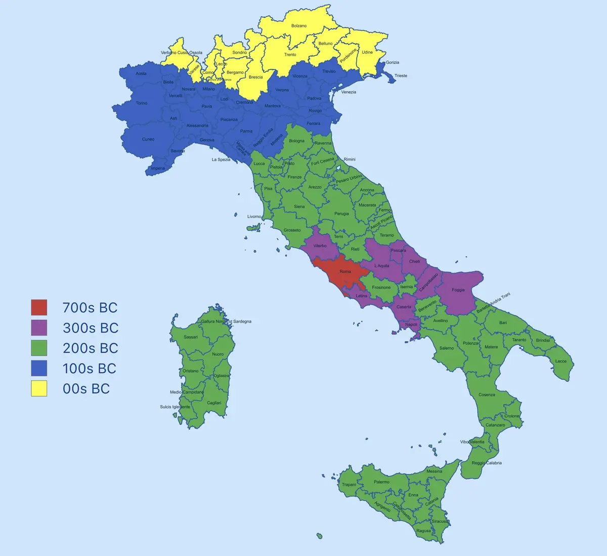 A map of Italy colored by region and time period, with a legend indicating colors for 700s BC (red), 300s BC (purple), 200s…