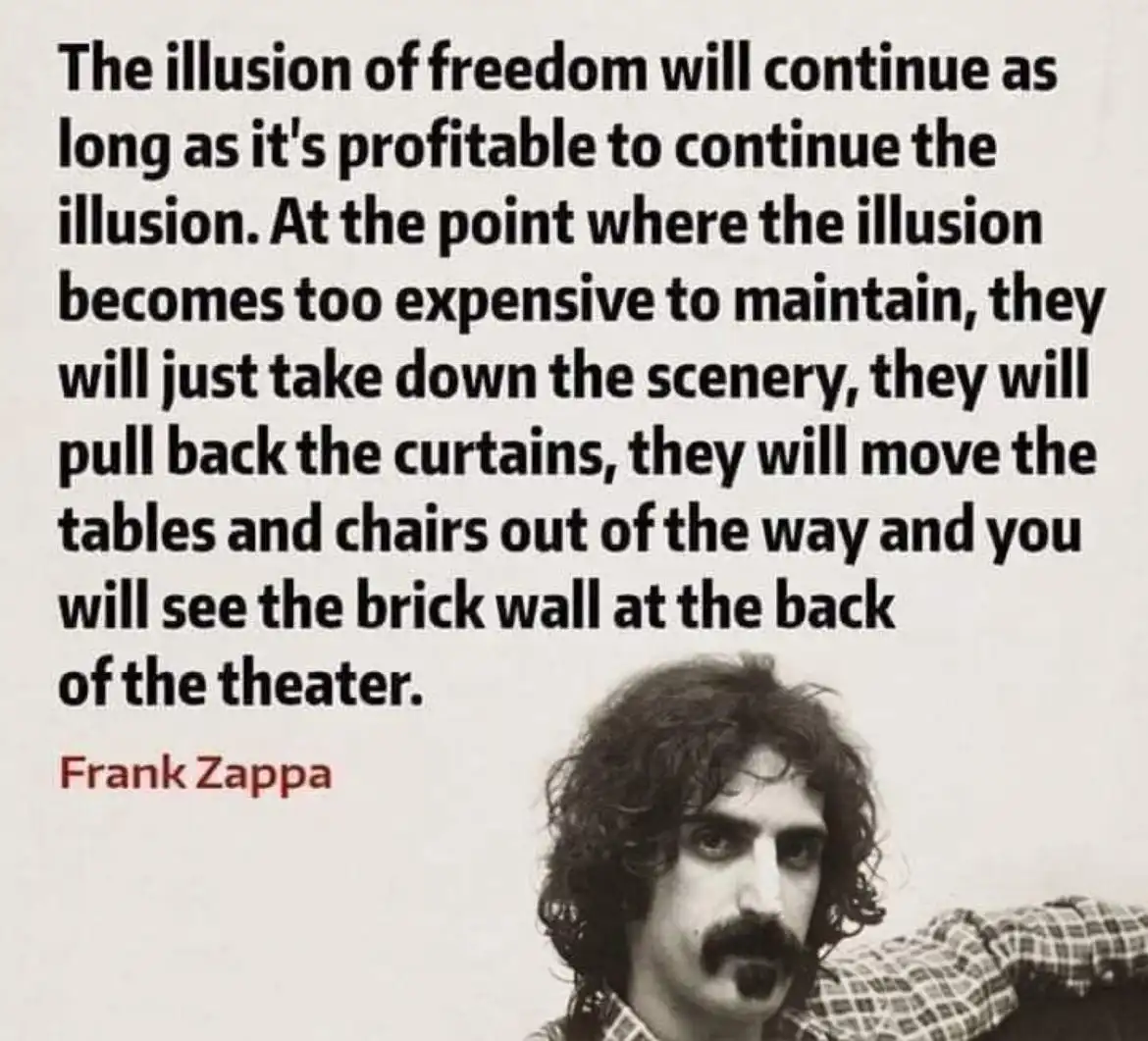 A black and white photo of Frank Zappa with a plaid shirt and mustache, overlaid with a long quote attributed to him about…