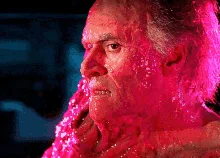 A sequence of six images shows a man with a stern expression, his body covered in a glowing pink, bubbling, viscous…