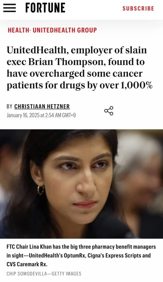 A screenshot of a Fortune article headline about UnitedHealth overcharging cancer patients, overlaid with a photo of FTC…