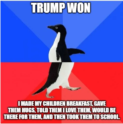 A black-and-white penguin stands centered against a blue-and-red background, with bold white text at the top reading 'TRUMP…
