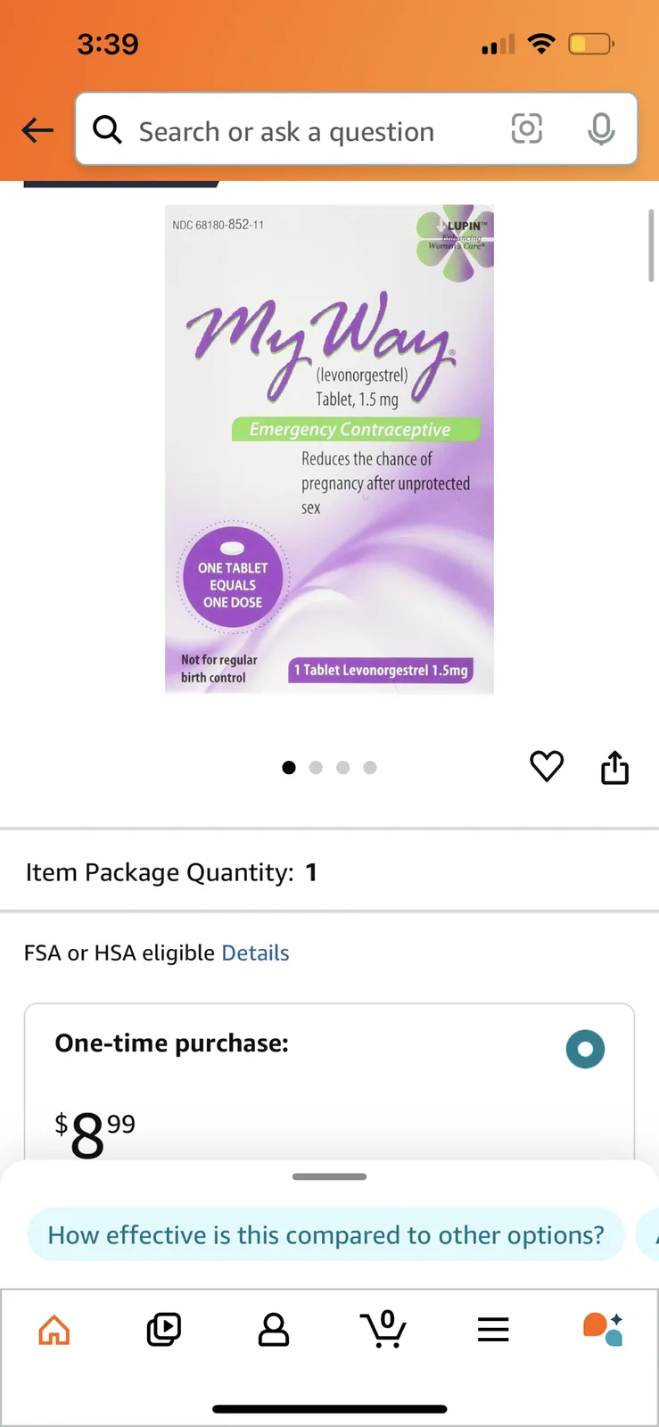 A screenshot of an online shopping app showing a product page for 'My Way' emergency contraceptive pills, priced at $8.99…