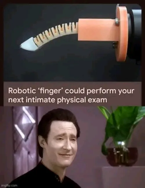 The image is a two-panel meme. The top panel shows a close-up of a robotic finger with a segmented, articulated design and a…