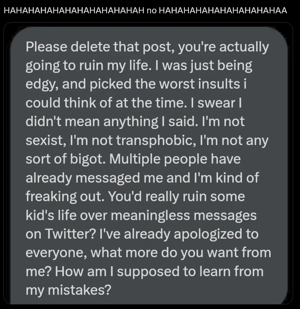 A screenshot of a text message with a dark gray background and white text, where the sender pleads to delete a post…