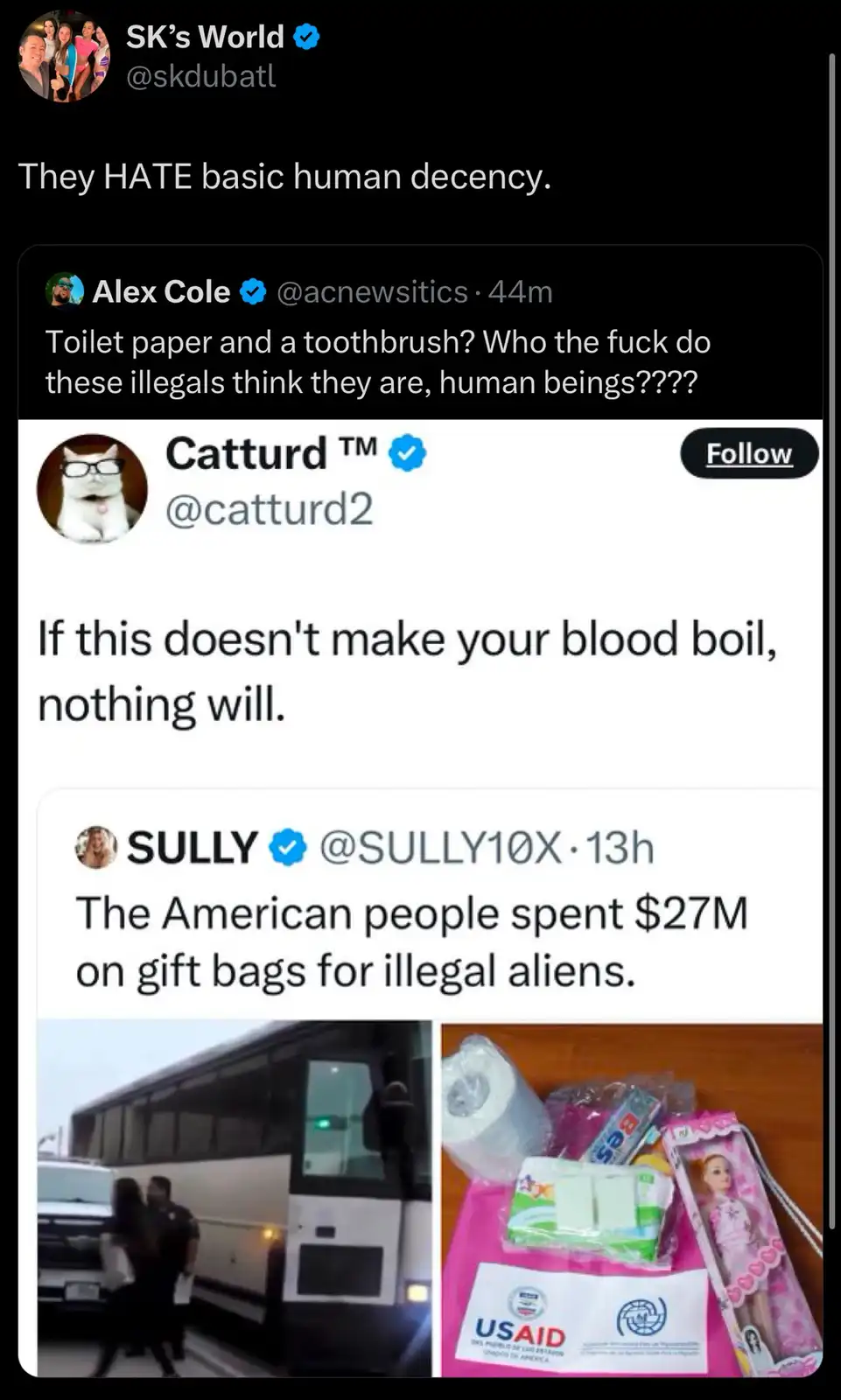 A screenshot of a Twitter thread shows a photo of a pink gift bag with USAID branding containing toilet paper, a toothbrush…