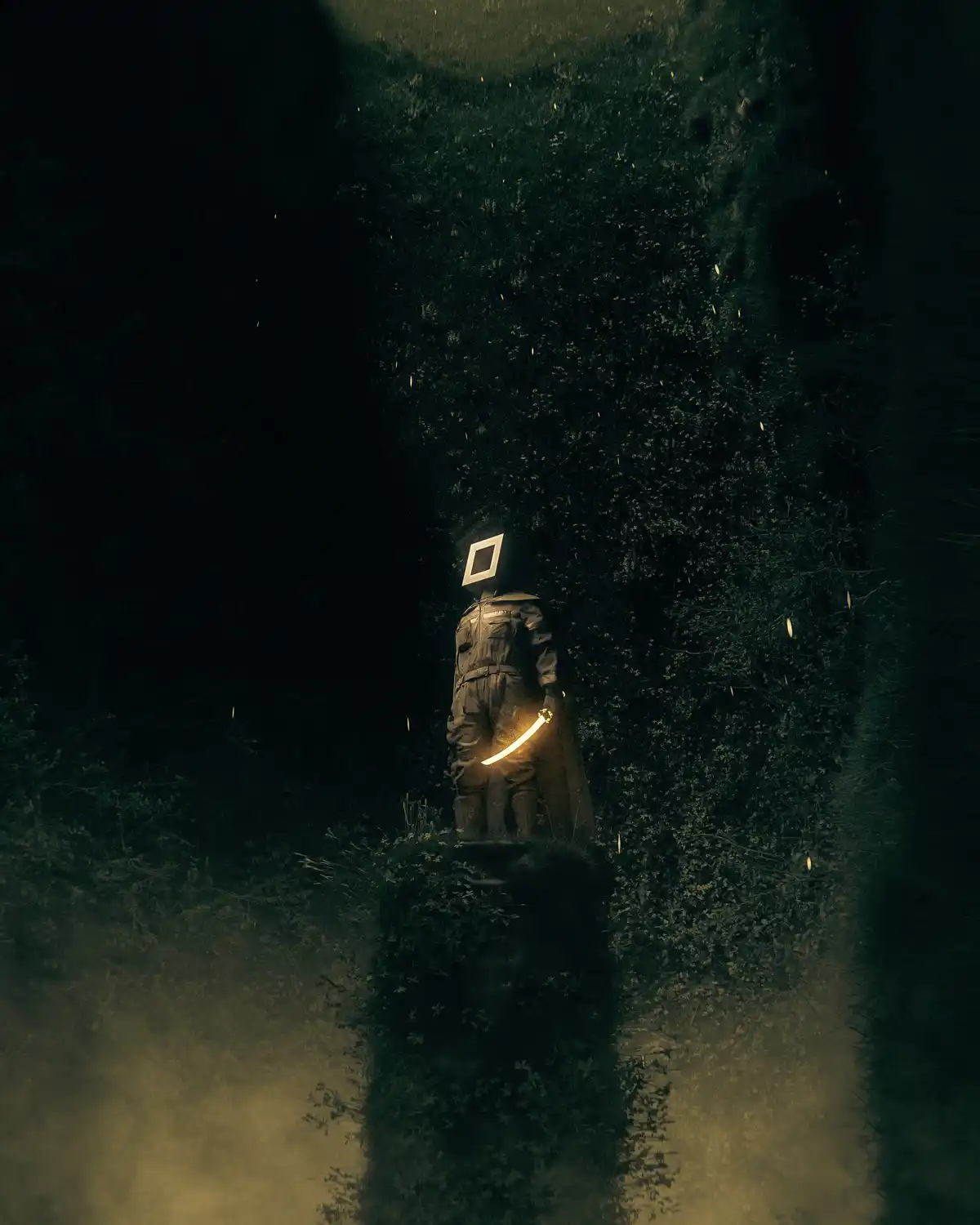 A figure with a square head and glowing sword stands alone in a dark, misty forest, facing away from the viewer. The scene…