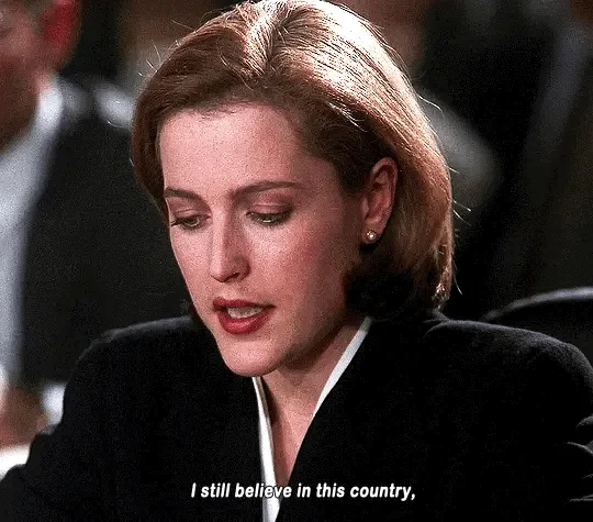 A six-panel image collage shows actress Gillian Anderson as FBI agent Dana Scully from 'The X-Files' in a courtroom scene…