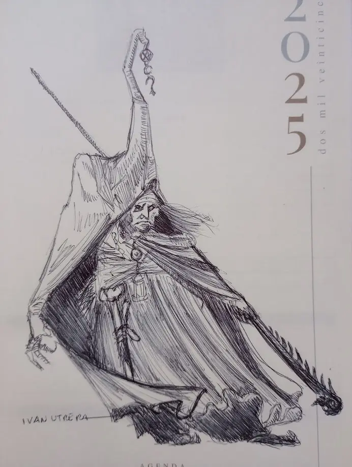 A black-and-white sketch of a menacing, cloaked figure with a long beard, holding a staff and a sword, drawn by Ivan Utaera…