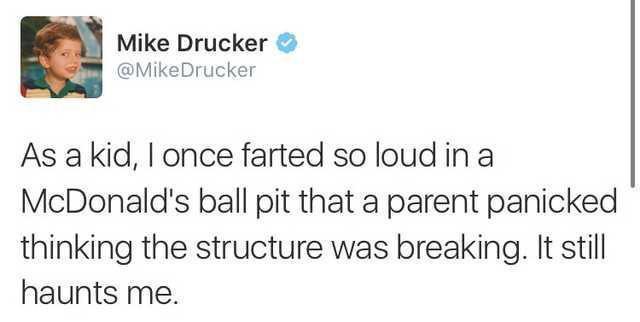 A screenshot of a tweet from Mike Drucker showing a young boy's photo as his profile picture. The tweet text recounts a…
