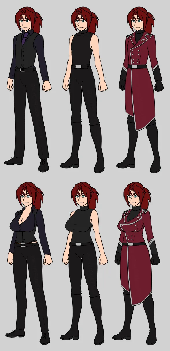 Six character designs are shown in two rows of three, each depicting the same red-haired, blue-eyed character in identical…