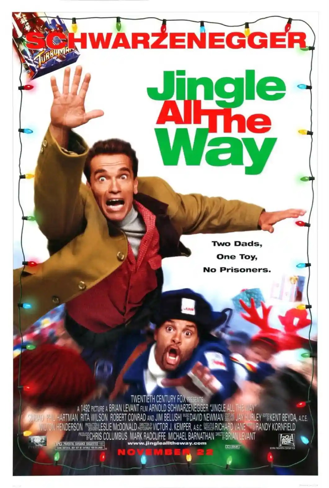 This is a movie poster for 'Jingle All The Way' starring Arnold Schwarzenegger, framed by Christmas lights. The poster shows…