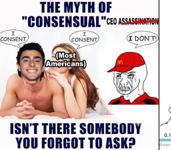 A meme image shows a smiling man and woman on a bed, both with speech bubbles saying 'I CONSENT', while a crying 'McDonald's…