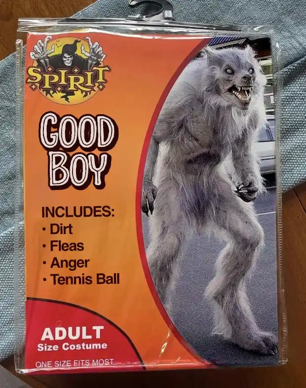 A Spirit Halloween adult costume package for a werewolf or wolf-like creature, labeled 'GOOD BOY'. The packaging lists…
