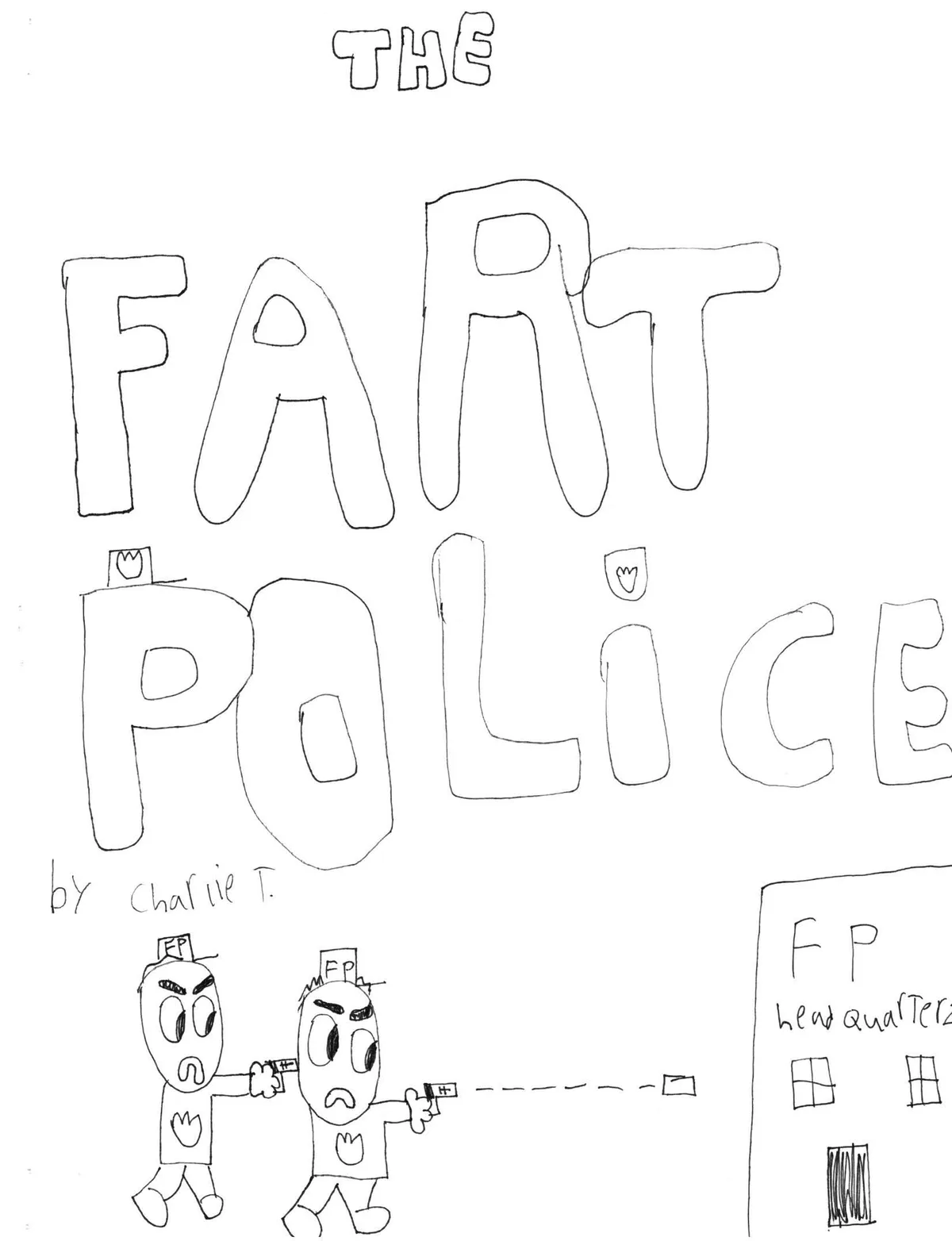 A child's hand-drawn black-and-white image shows two cartoon police officers with 'FP' hats pointing guns at a building…