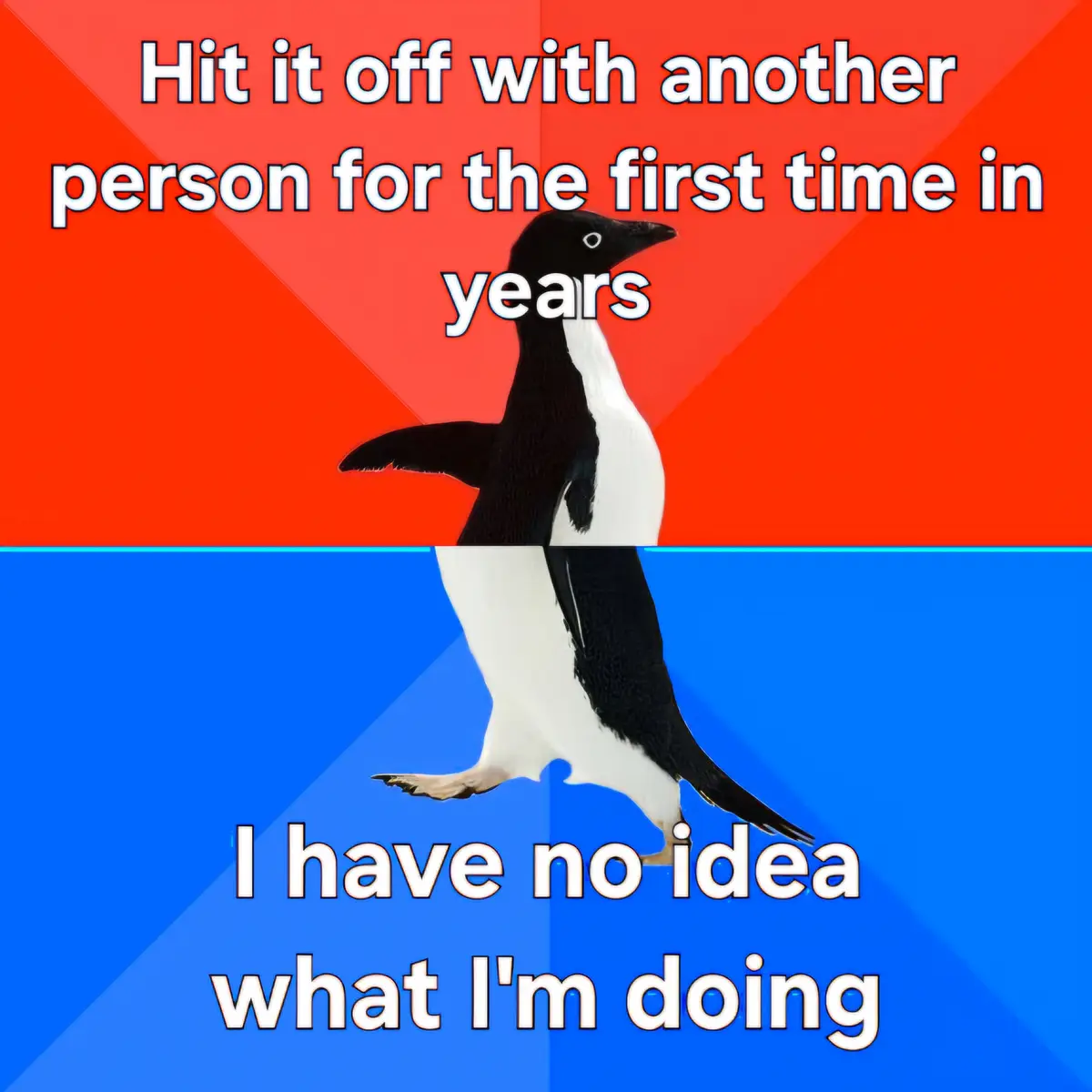 A penguin stands in the center of the image, split by a horizontal line, with a red background above and a blue background…