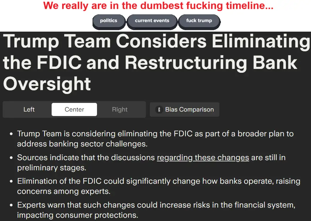 The image displays a screenshot of a news article headline reading 'Trump Team Considers Eliminating the FDIC and…