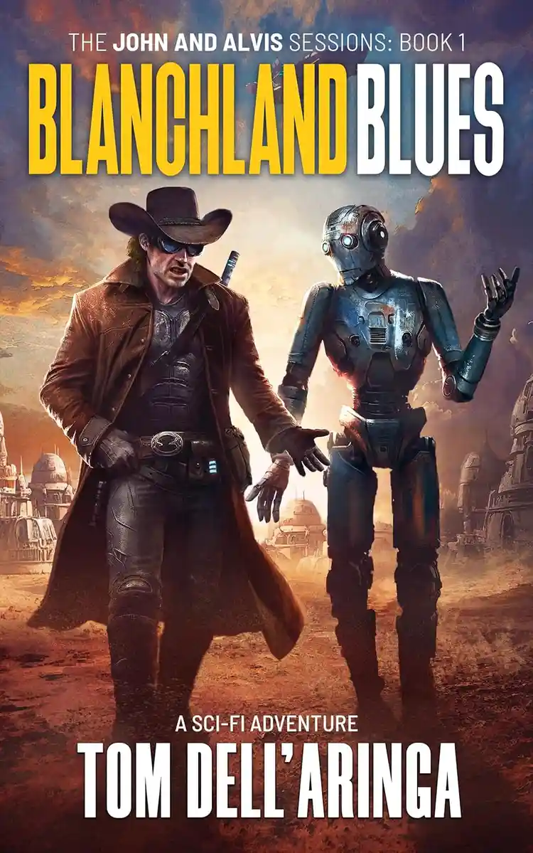 The image is a book cover for 'Blanchland Blues' by Tom Dell'Aringa, depicting a man in a cowboy hat and trench coat…