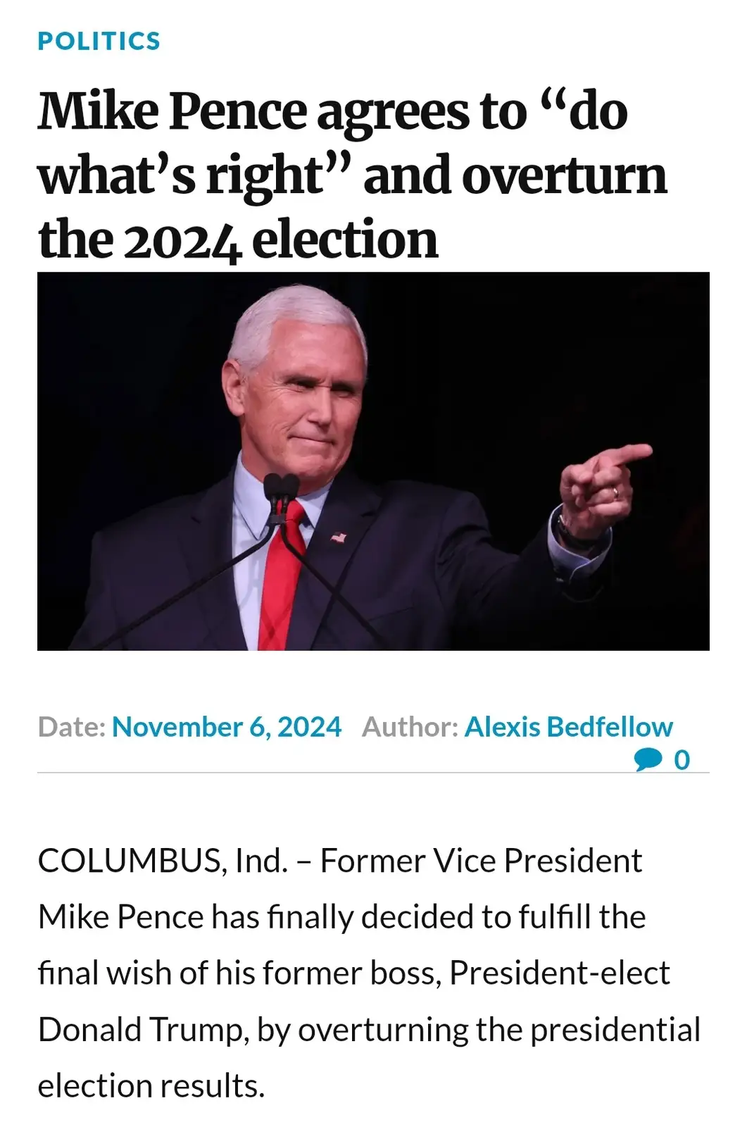 A satirical news article screenshot shows former VP Mike Pence pointing forward, with the headline claiming he agreed to "do…