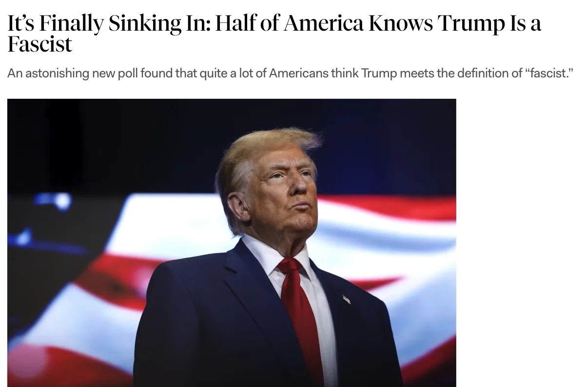 The image shows Donald Trump in a dark suit and red tie, looking upward with a serious expression, against a blurred…