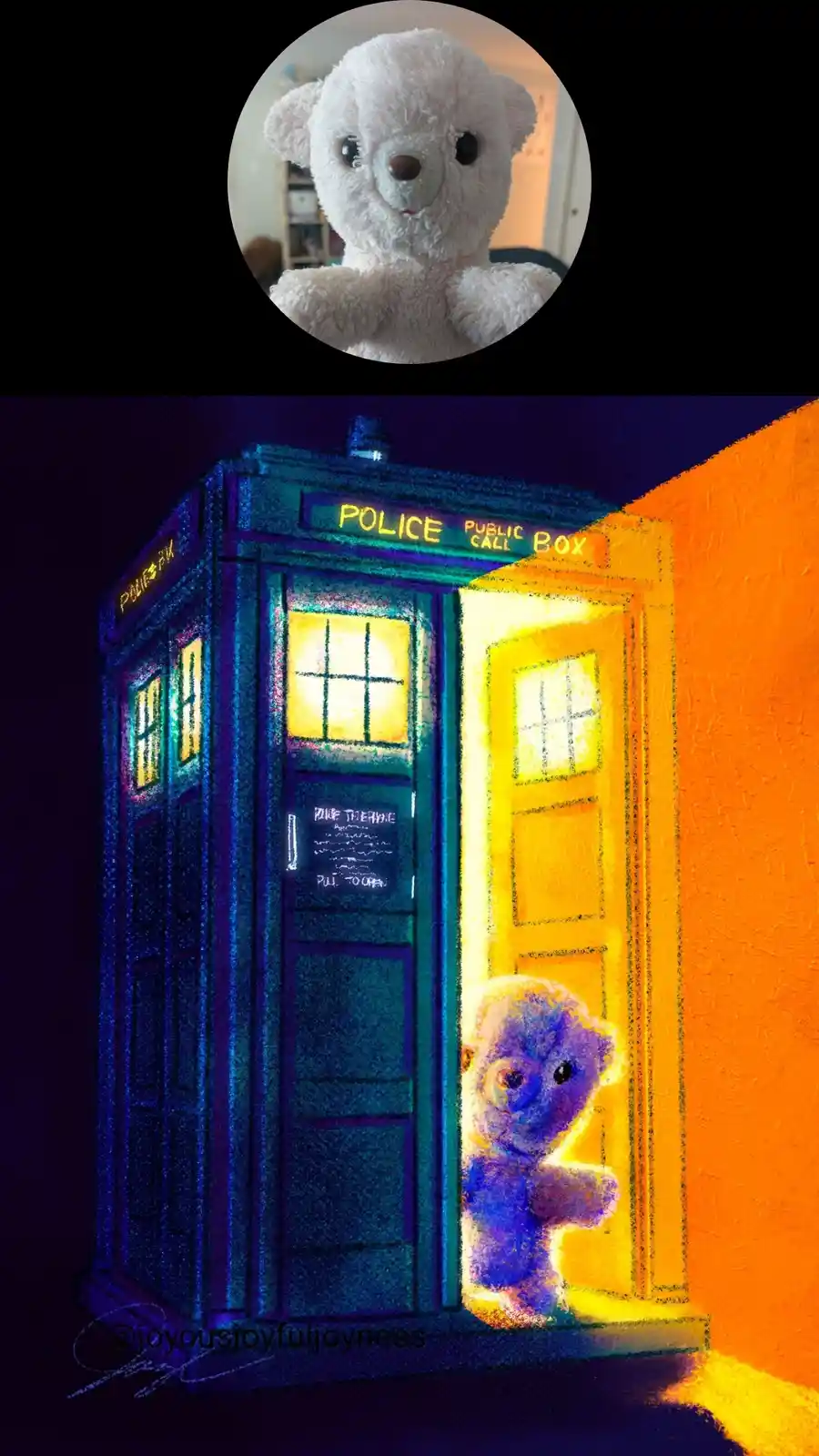 A white plush teddy bear is shown in a circular inset at the top, while the main image depicts the same bear peeking out…