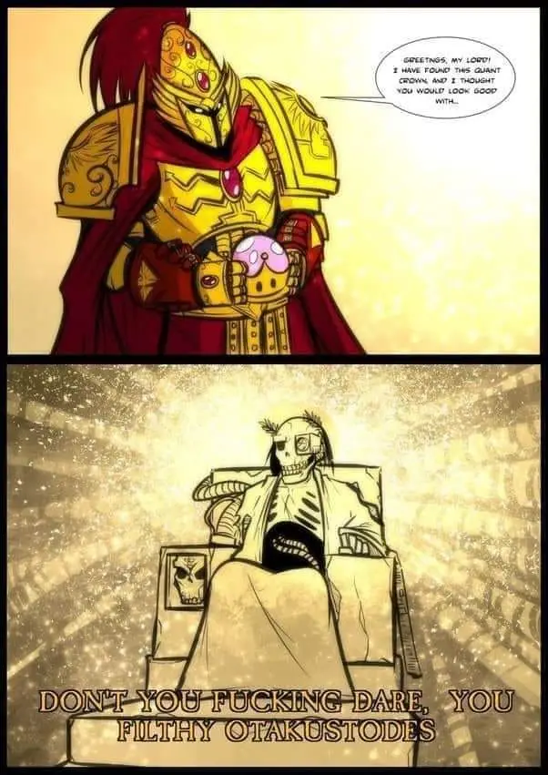 The top panel shows a heavily armored, red-haired warrior in golden armor holding a small pink frosted donut. The bottom…