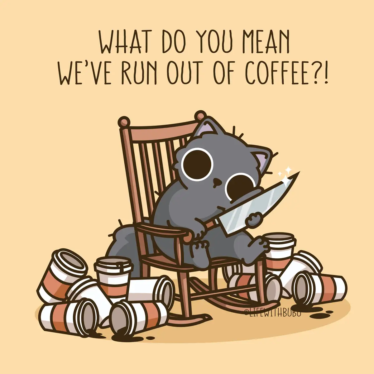 A cartoon gray cat sits in a wooden rocking chair, holding a large knife with a gleeful expression, surrounded by numerous…
