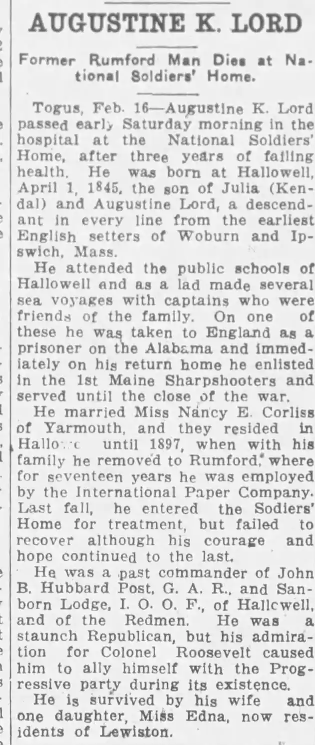 A black-and-white newspaper obituary clipping for Augustine K. Lord, detailing his life, military service, and death at the…