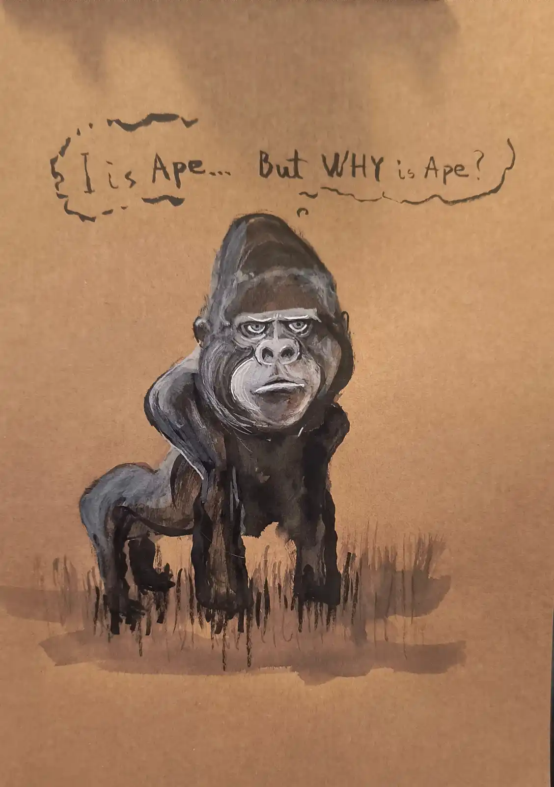 A watercolor painting of a gorilla standing on all fours against a brown background, with a thought bubble above its head…