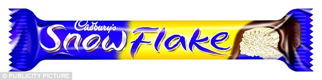 A Cadbury's Snow Flake chocolate bar wrapper is shown, featuring a blue and yellow design with the brand name prominently…
