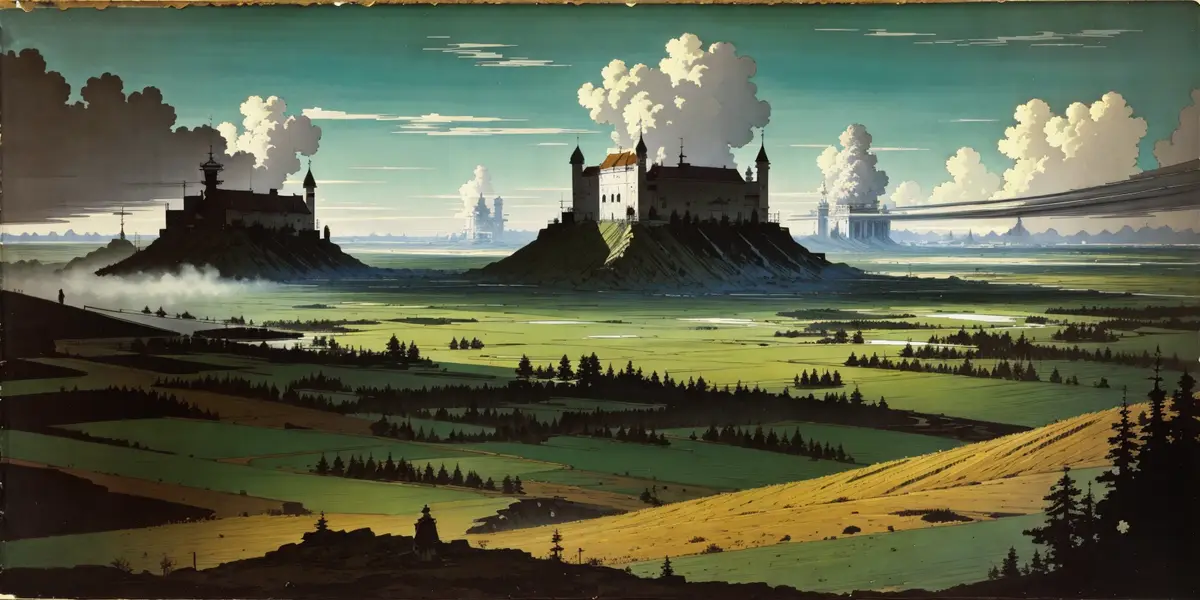 A stylized, painterly landscape shows a vast green valley with rolling hills and forests, dotted with several large…