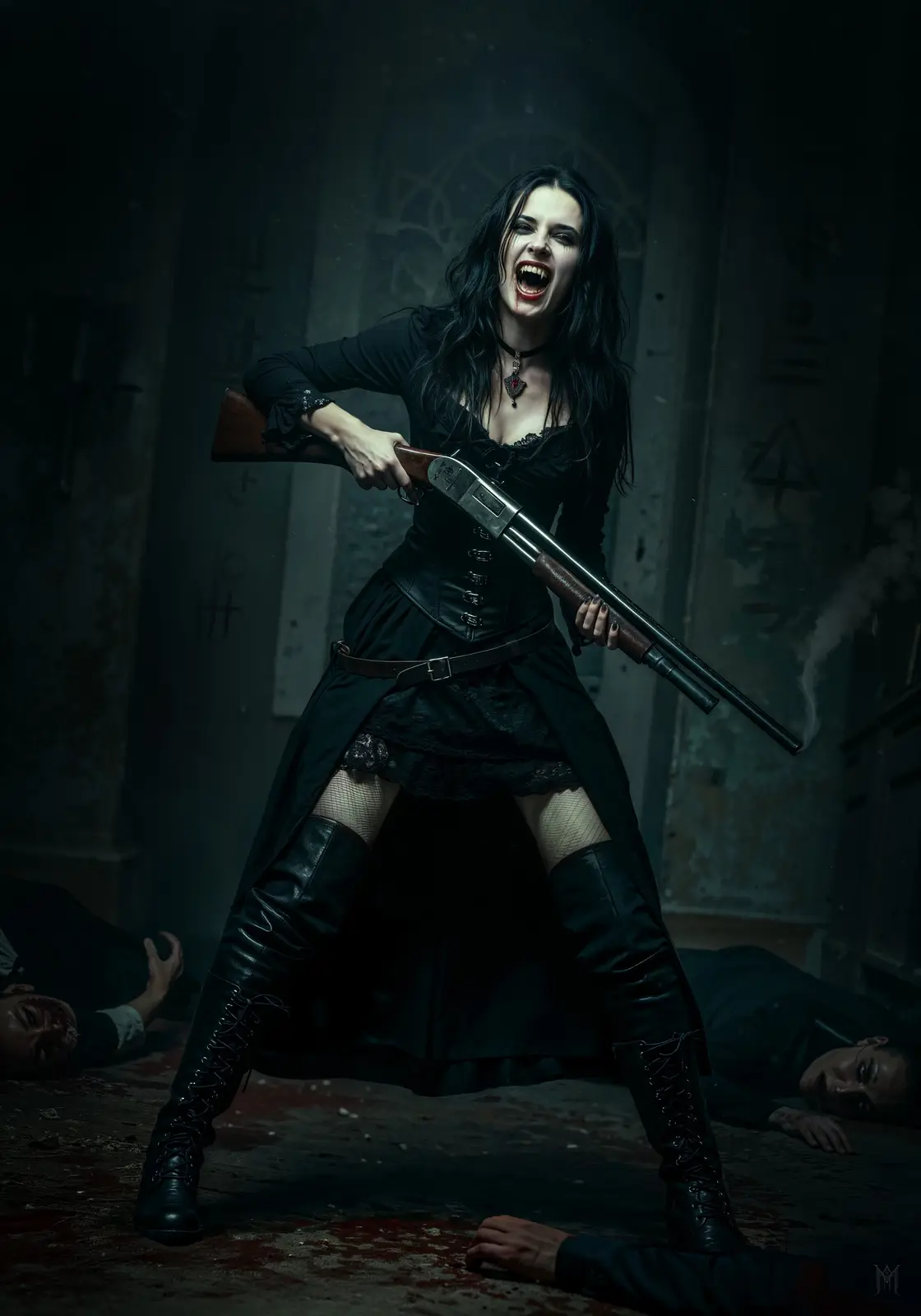 A woman in a black gothic outfit with lace and corset, holding a shotgun, stands triumphantly in a dark, grimy room with…