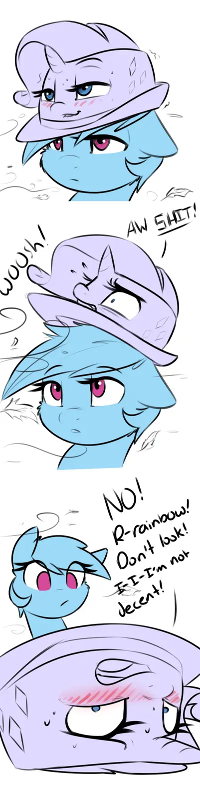A four-panel comic strip featuring a blue pony with pink eyes and a purple unicorn wearing a hat. The unicorn is initially…