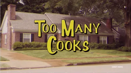 A vintage-style photo of a brick suburban house with a lawn and trees, overlaid with large, bold yellow text that reads 'Too…