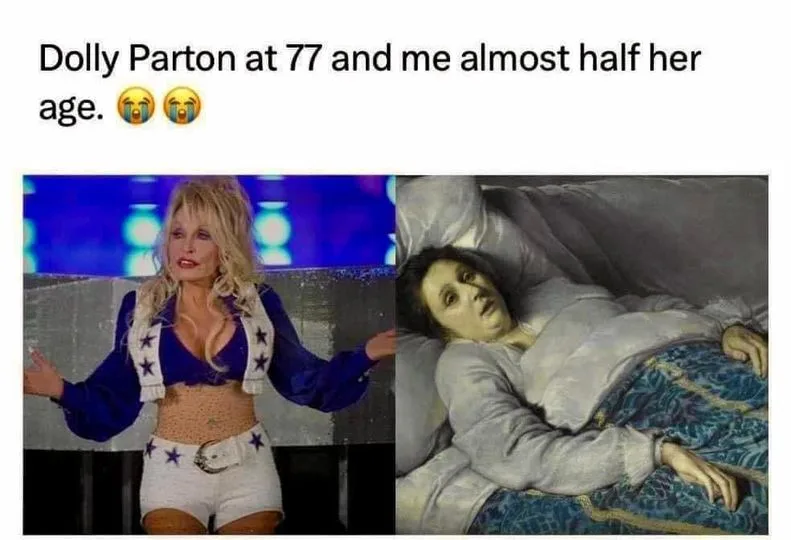 The image is split: on the left, Dolly Parton in a blue and white star-patterned outfit on stage; on the right, a woman in a…