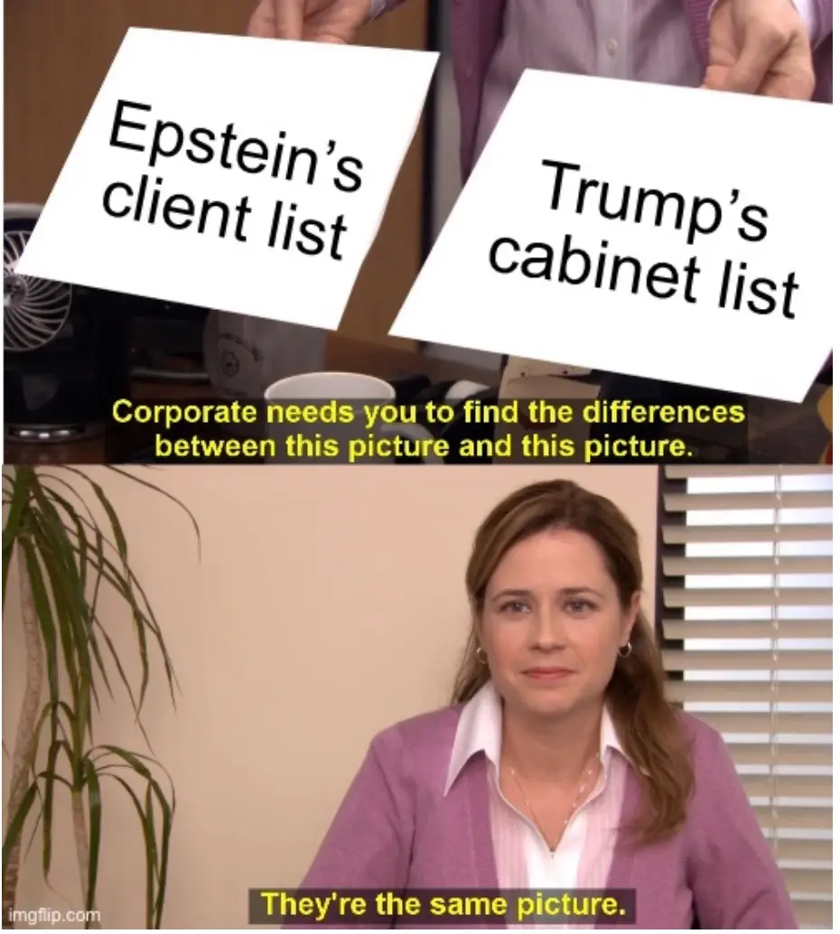 Two identical white cards are held up, one labeled 'Epstein's client list' and the other 'Trump's cabinet list', above a…