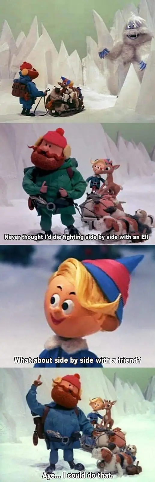 A four-panel meme from the 1980s stop-motion animated film 'The Snow Queen'. The first panel shows a bearded man pulling a…