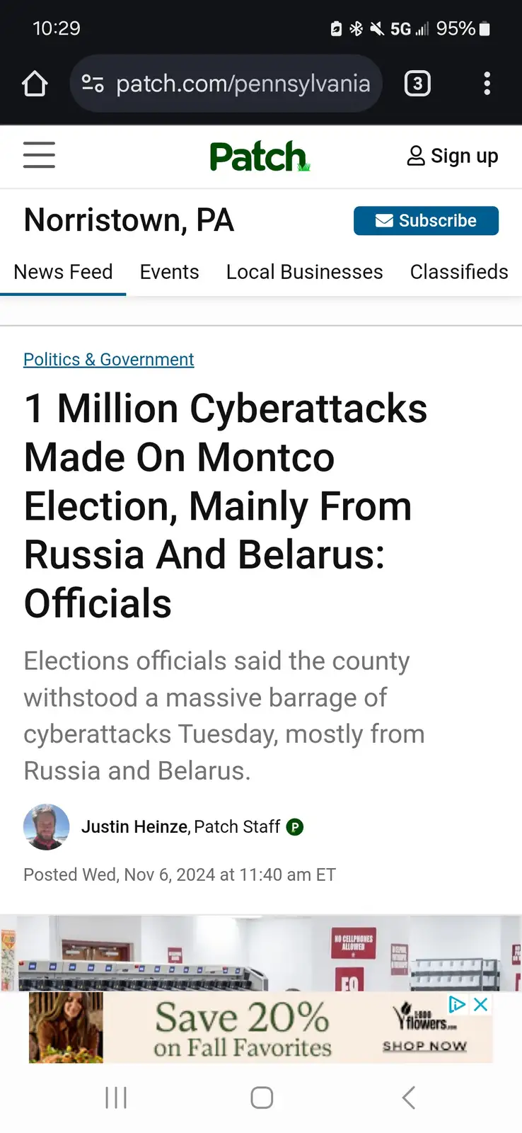 A screenshot of a Patch.com news article from Norristown, PA, dated November 6, 2024, with the headline '1 Million…