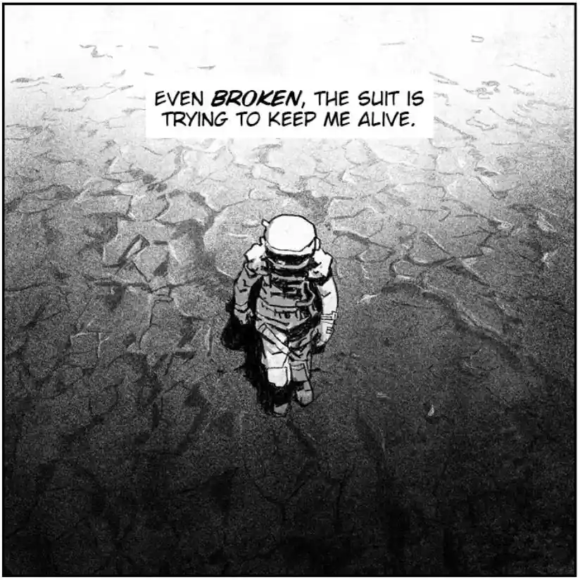 A black-and-white comic panel shows a lone astronaut in a bulky spacesuit walking across a cracked, barren, and desolate…