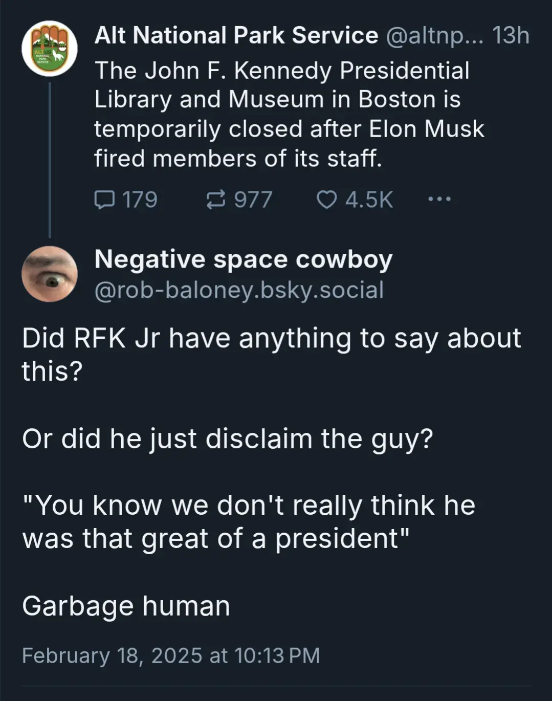 A screenshot of a social media thread shows a tweet from 'Alt National Park Service' claiming Elon Musk fired staff at the…