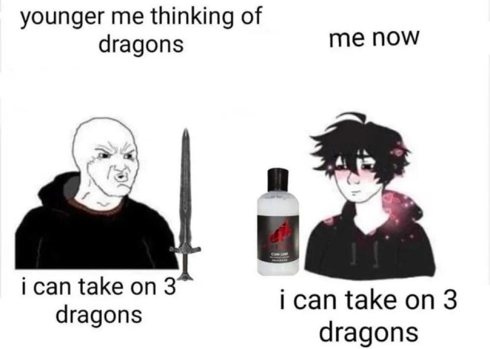 The image is split into two panels. Left: a bald, angry-looking man in a black hoodie holding a sword, labeled 'younger me…