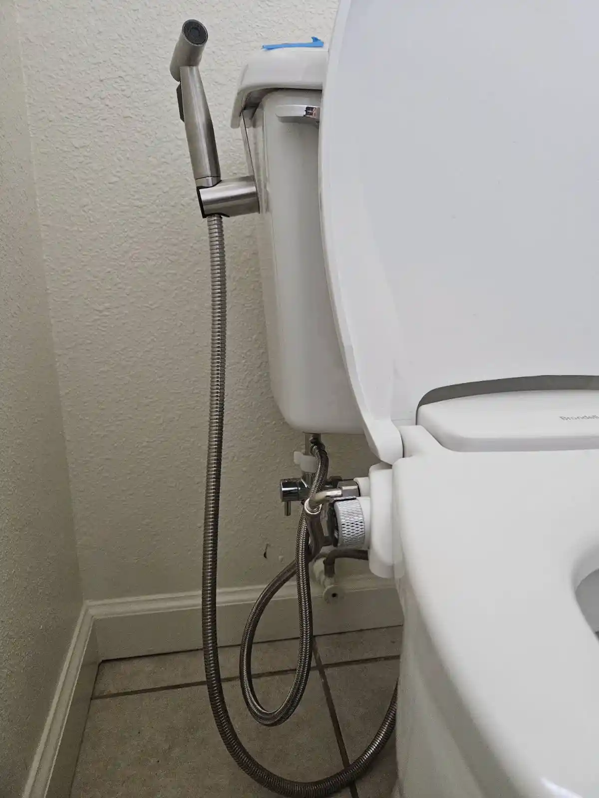 A close-up photo of a white toilet with a bidet attachment mounted on the tank, featuring a flexible metal hose and handheld…